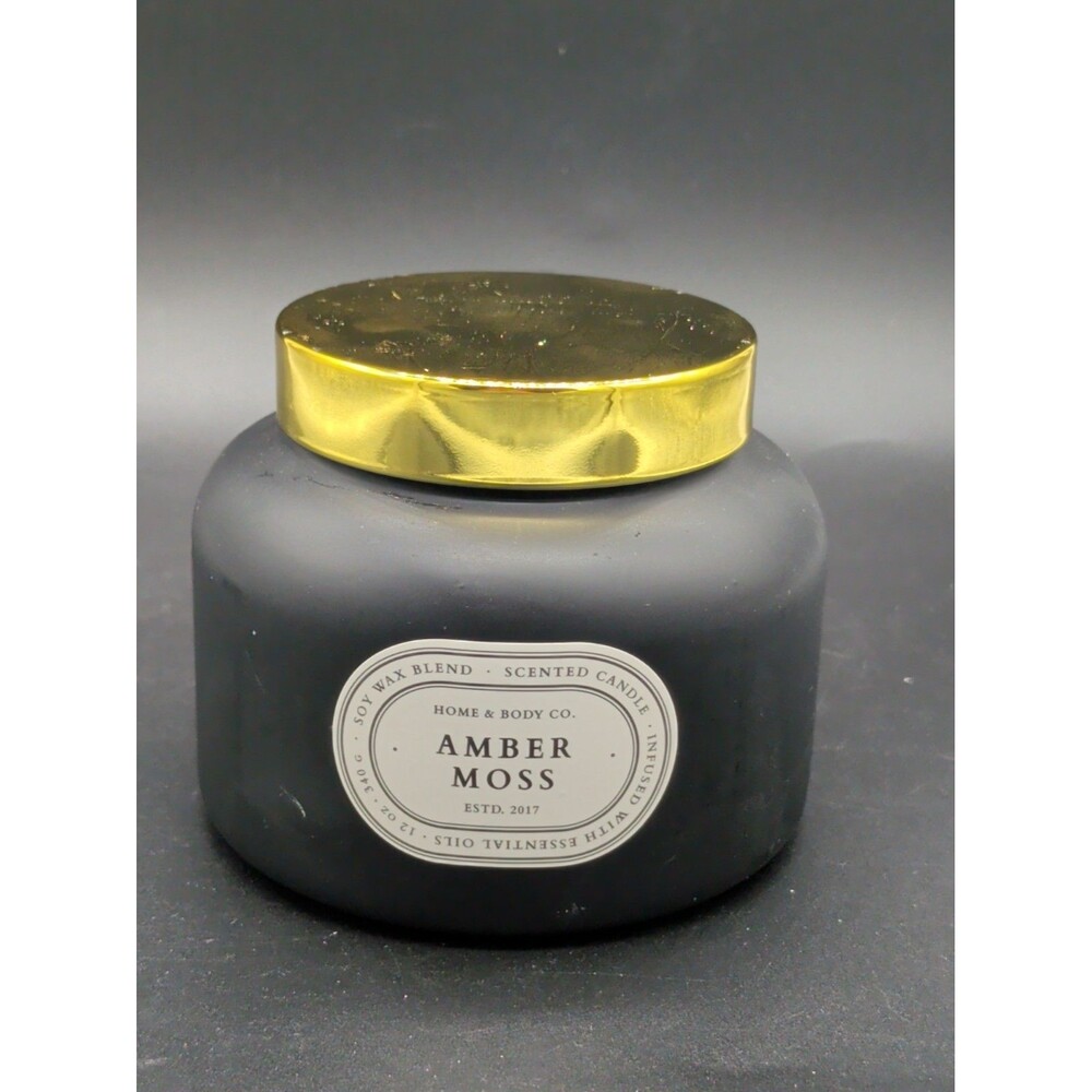 Scented Candle Amber Moss Wax Blend Home & Body Co 12oz Gold Glass